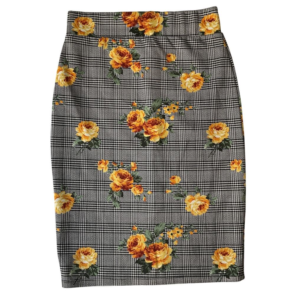 Fig & Blue Women Pencil Skirt Size M Black Floral Check Yellow Roses Knee Length